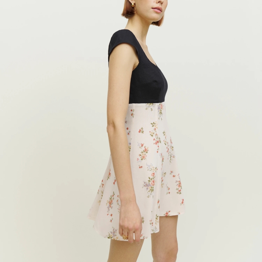 Reformation Linen Black and Floral Tivoli Dress